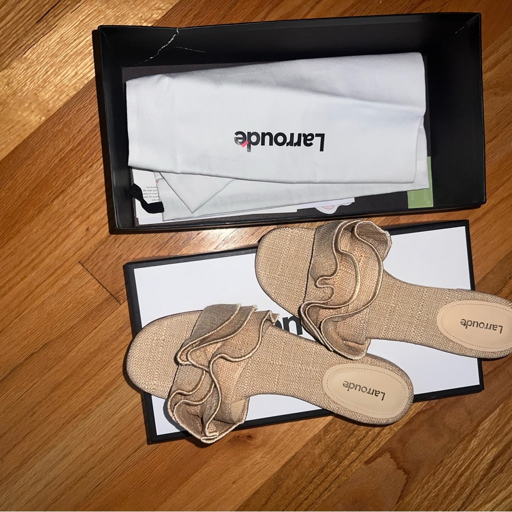 New In Box - Larroude Beige Ruffle Sandals - Picture 3 of 3